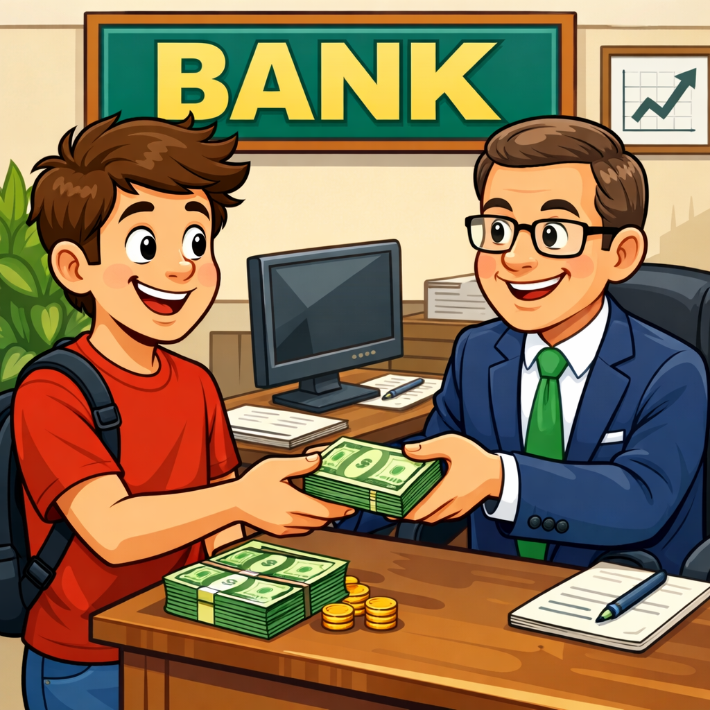 An image of a young man getting money from the bank
